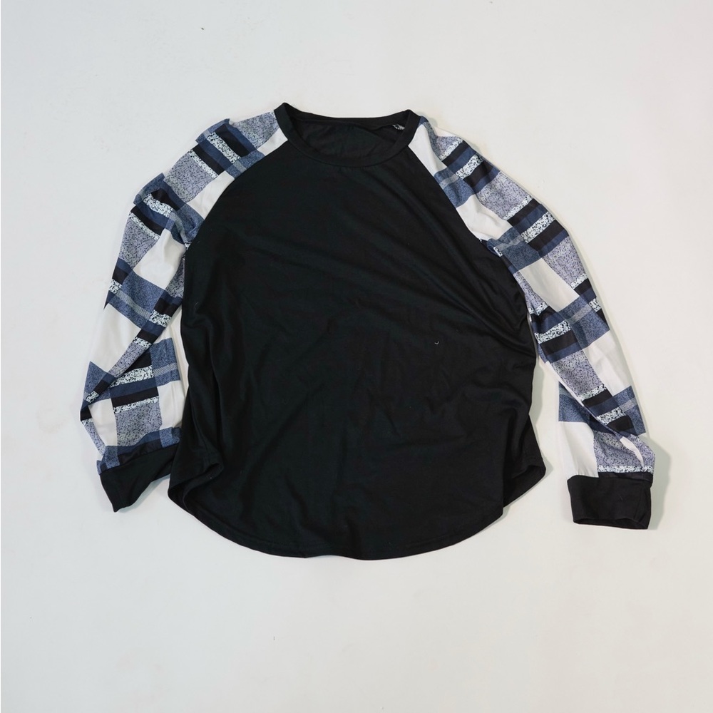 Black Raglan Top with Plaid Sleeves